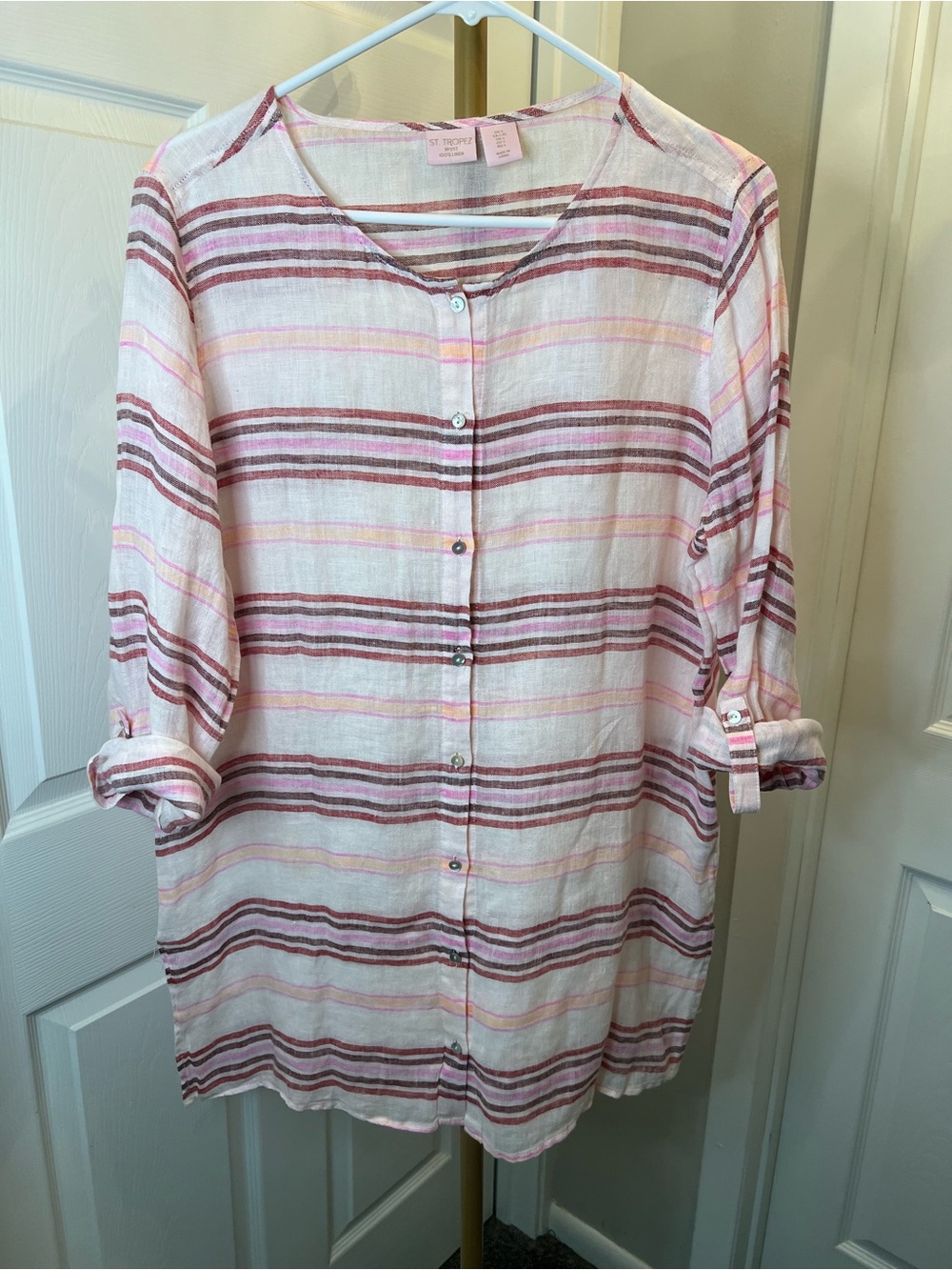 💯 % linen. St. Tropez Pink and Berry Striped Button-Down Shirt